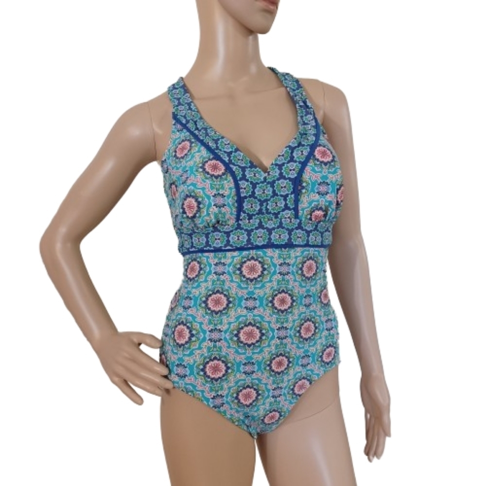 CATALINA Multicolored Blue Aqua Swimsuit Crisscross Back One Piece Swimwear